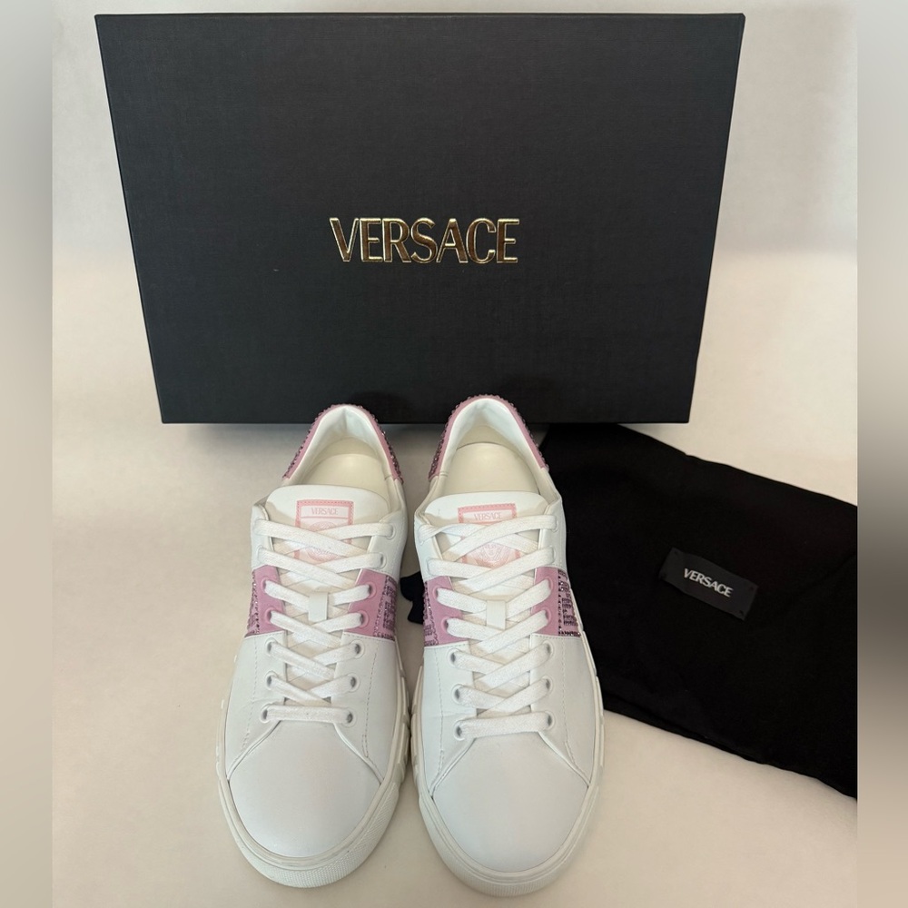 Versace Crystal Greca- Women's Sneakers in White and Pink